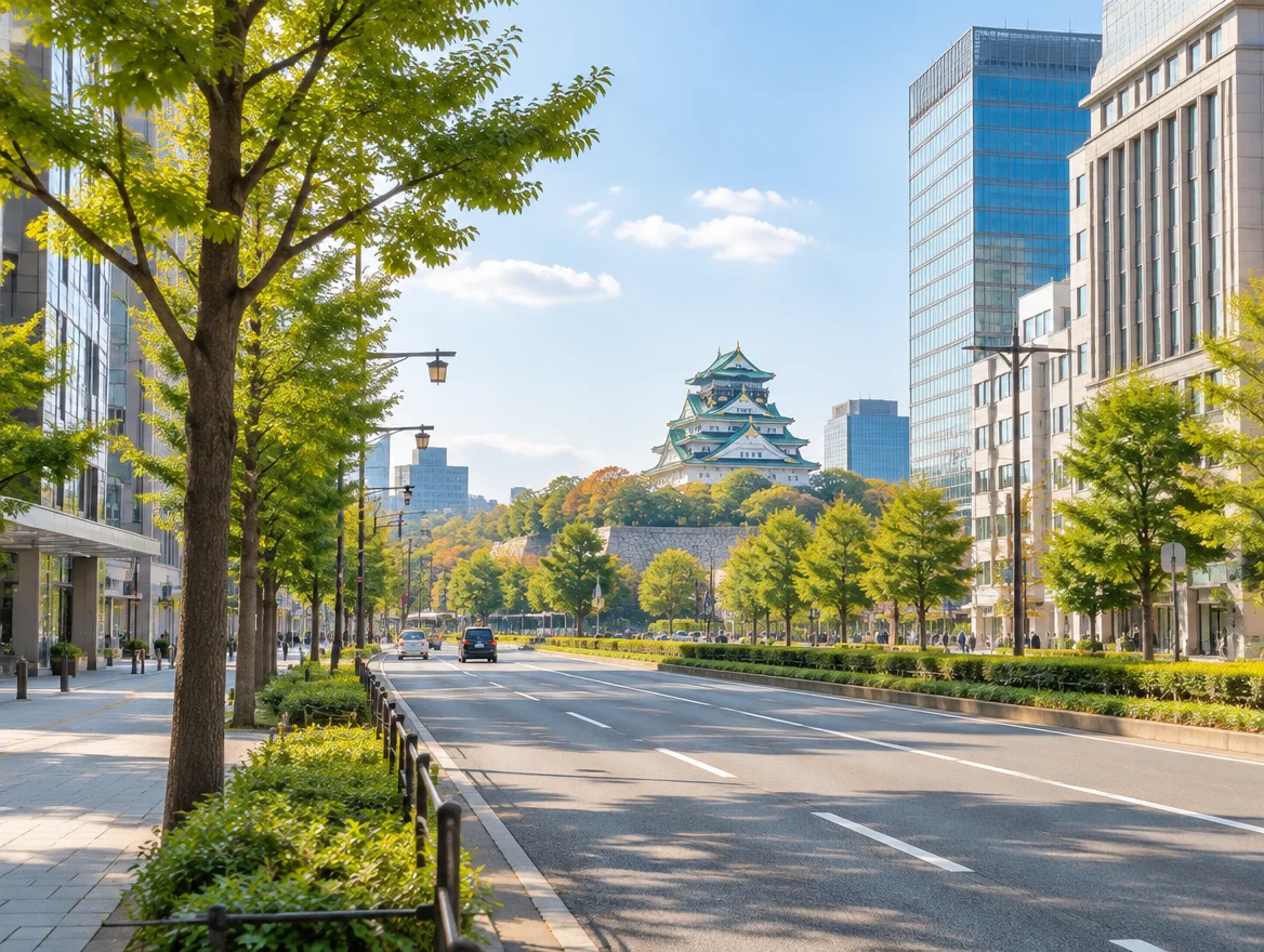 Osaka street scene in soft daylight