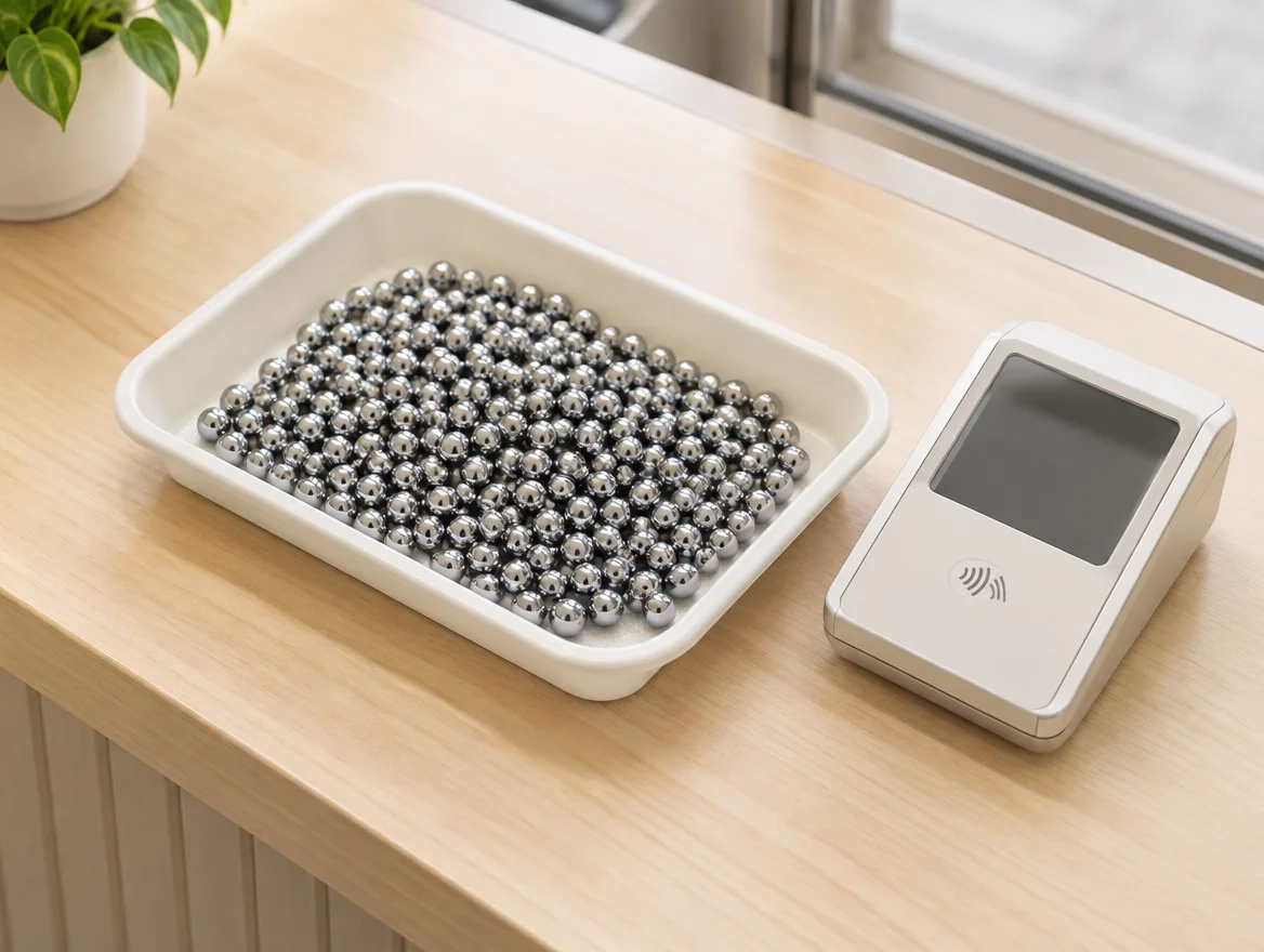 Tray of silver pachinko balls ready to play